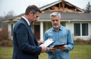 Homeowner reviews an insurance policy beside roof repair estimates and photographs of household belongings.